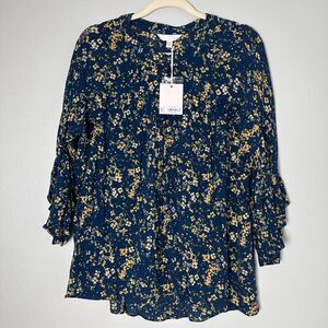LC Lauren Conrad Women's -XXL Blouse Blue Floral Ruffle 3/4 Sleeve